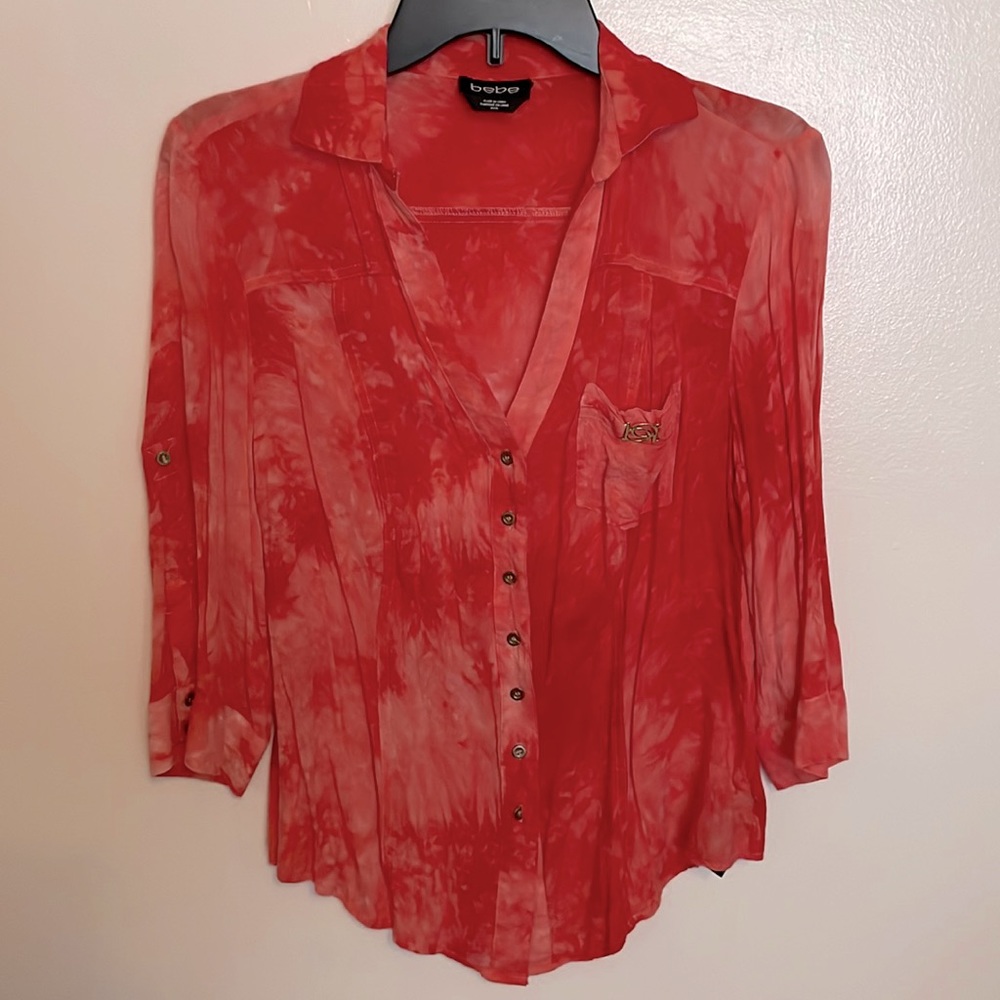 BEBE Pink and Red Button Down Shirt Size Medium